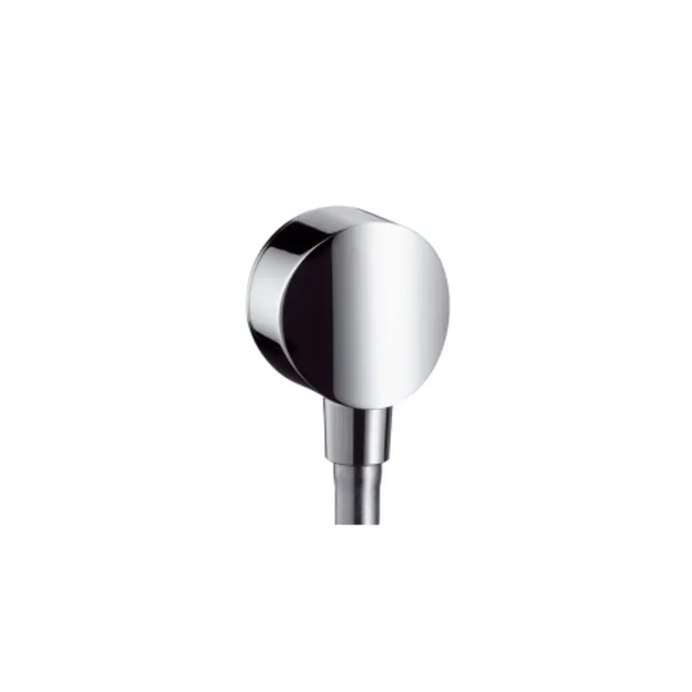 Wandanschluss aus Chrom mit einem runden, flachen Abschluss und einem Schlauchanschluss. Teil des hansgrohe Systems, ausgestattet mit einem Rückflussverhinderer.